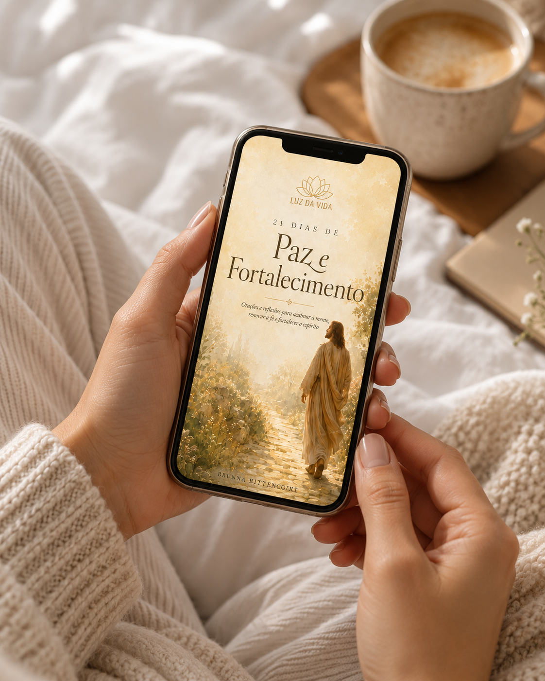 Mãos femininas segurando o e-book no celular